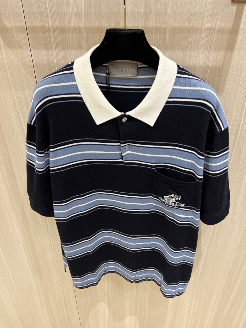 Dior Men's Lily of the Valley Striped Jacquard Polo Shirt - Luxe Blue Cotton Blend