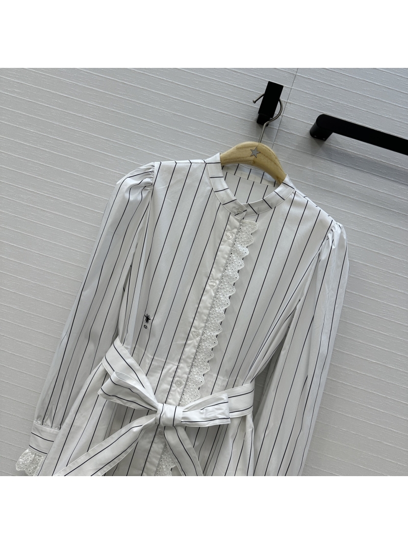 Dior New French Bubble Shoulder Shirt Dress with Lace Embroidery