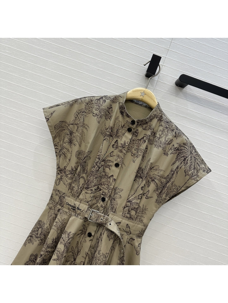 Dior 2025 Hazelnut Toile de Jouy Round Neck Button Detail Dress