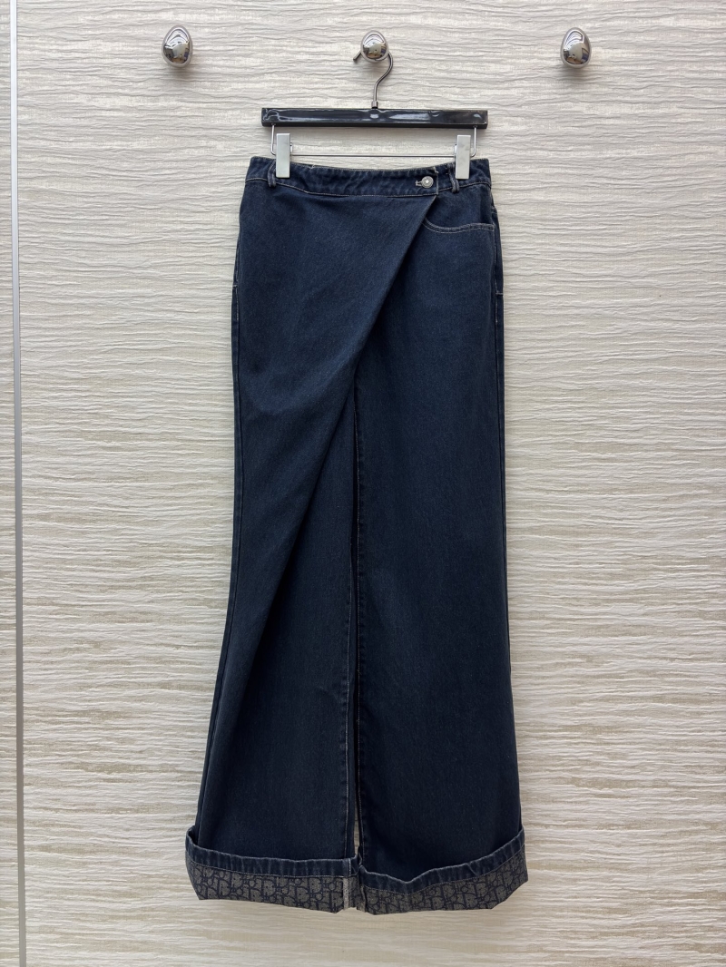 Dior High-Waisted Asymmetric Wrap Wide-Leg Denim Pants in Dark Blue with Logo Jacquard