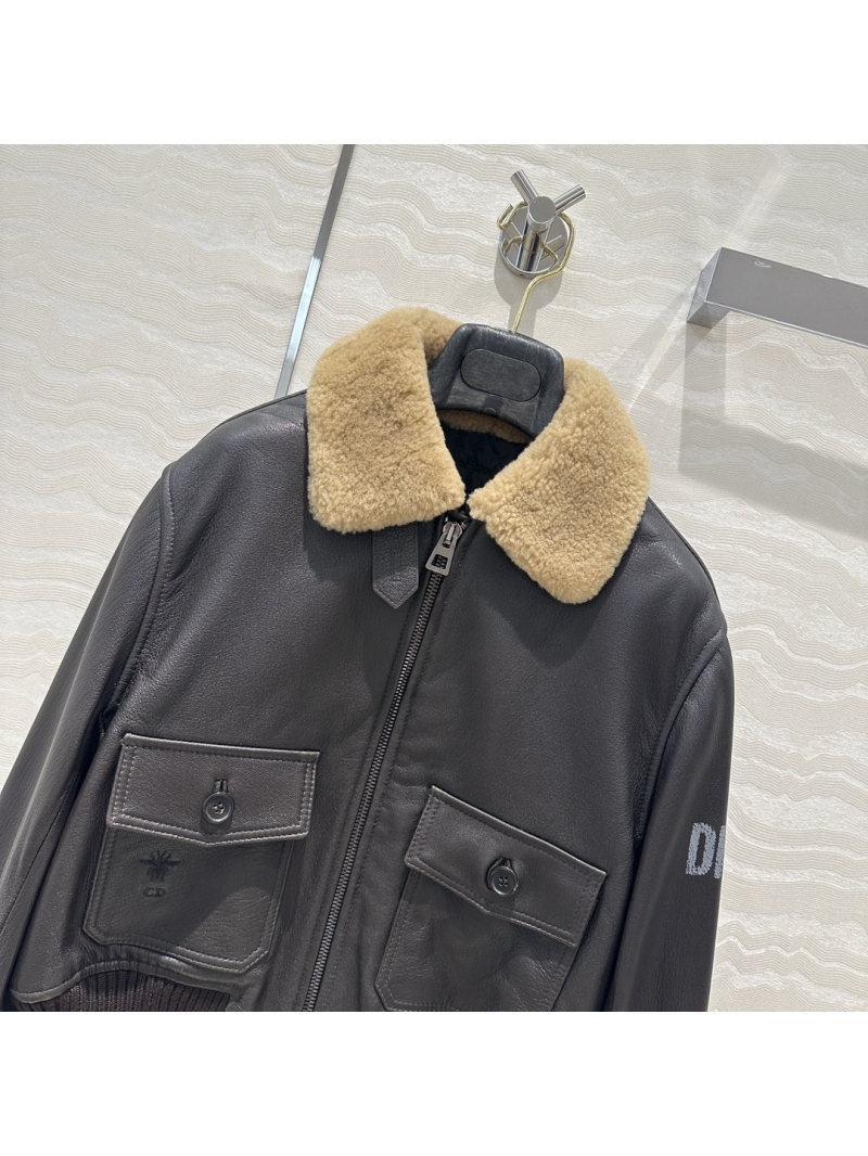Dior CD8 Lamb Wool Collar Leather Bomber Jacket | Spanish Leather | Quilted Lining | Bee Embroidery