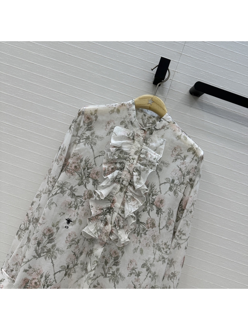 Dior Spring Floral Print Blouse in Imported Silk-Cotton with Ruffled Collar and Embroidered Bee