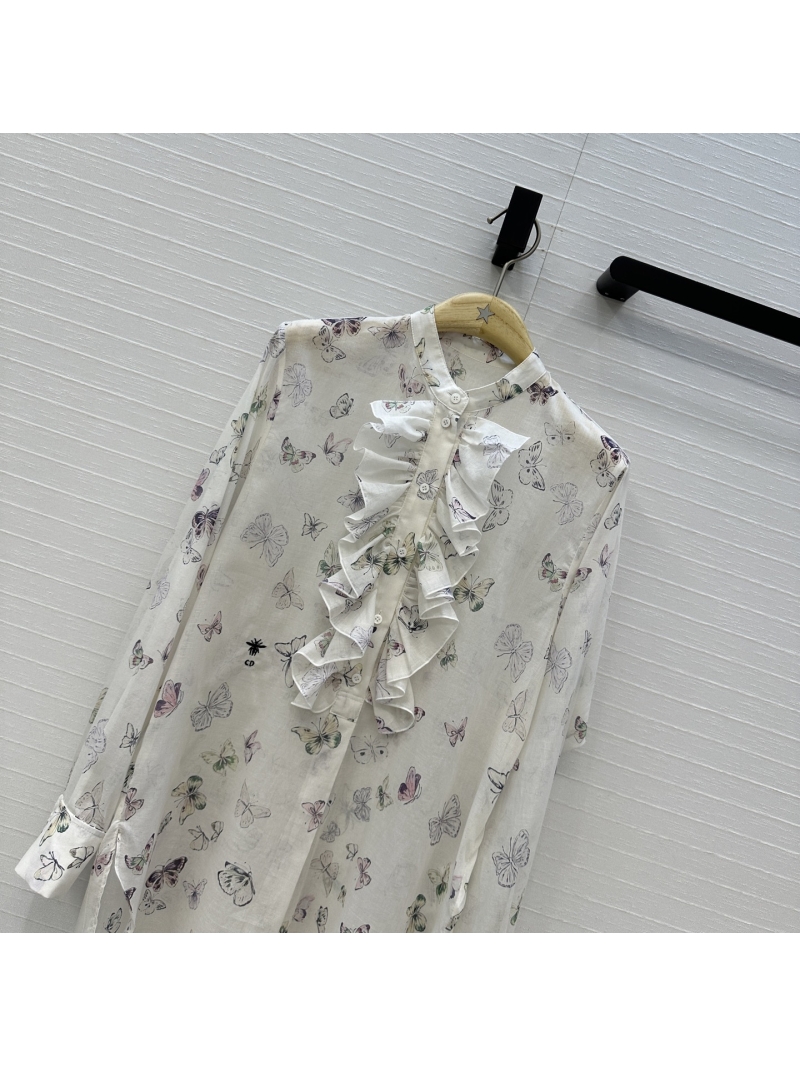 Dior Silk-Cotton Butterfly Print Blouse with Ruffled Detail and Embroidered Bee