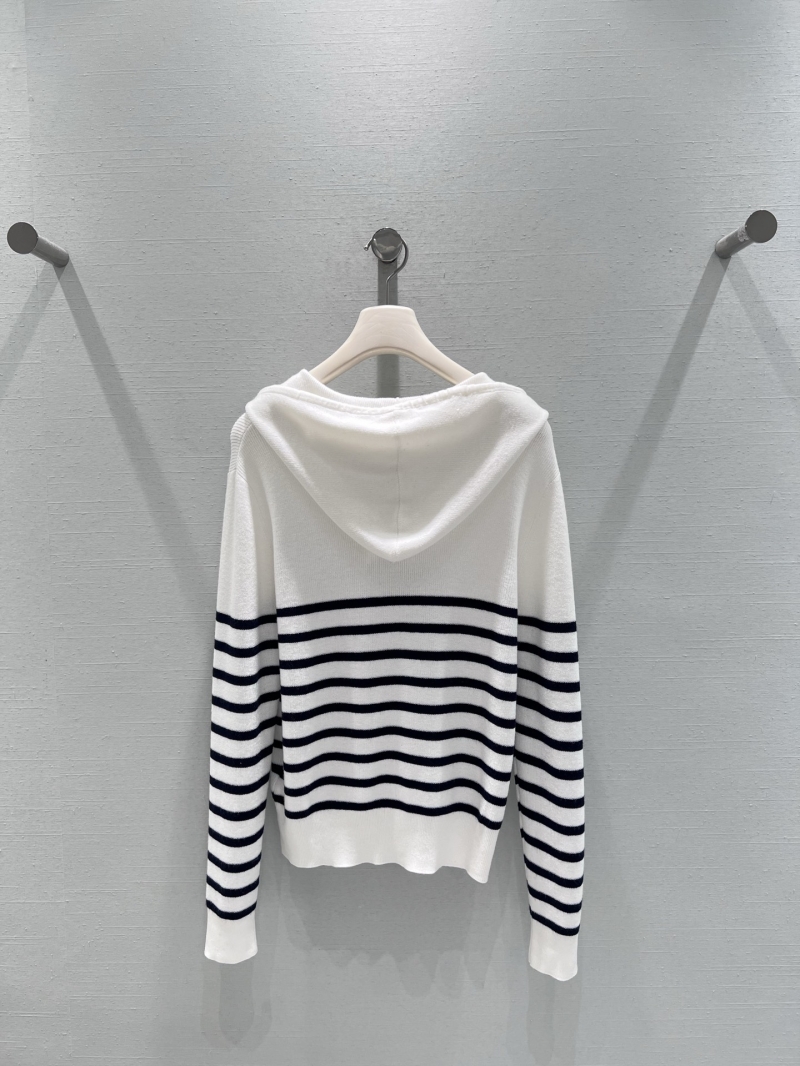 Christian Dior Paris Women"s Hooded Zip-Up Cardigan Sweater | Off-White with Navy Stripes | Relaxed Fit | Cropped Hem