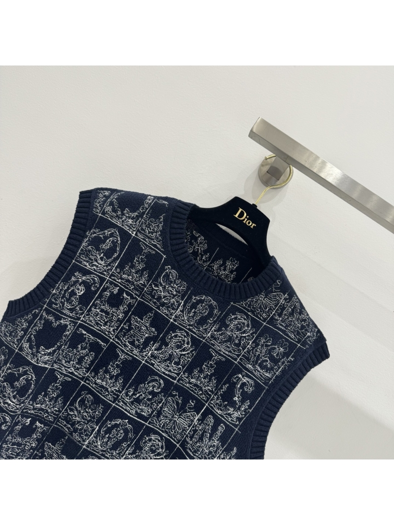 Christian Dior Navy Blue Storybook Knit Vest | Embroidered Cropped Sleeveless Top | SML