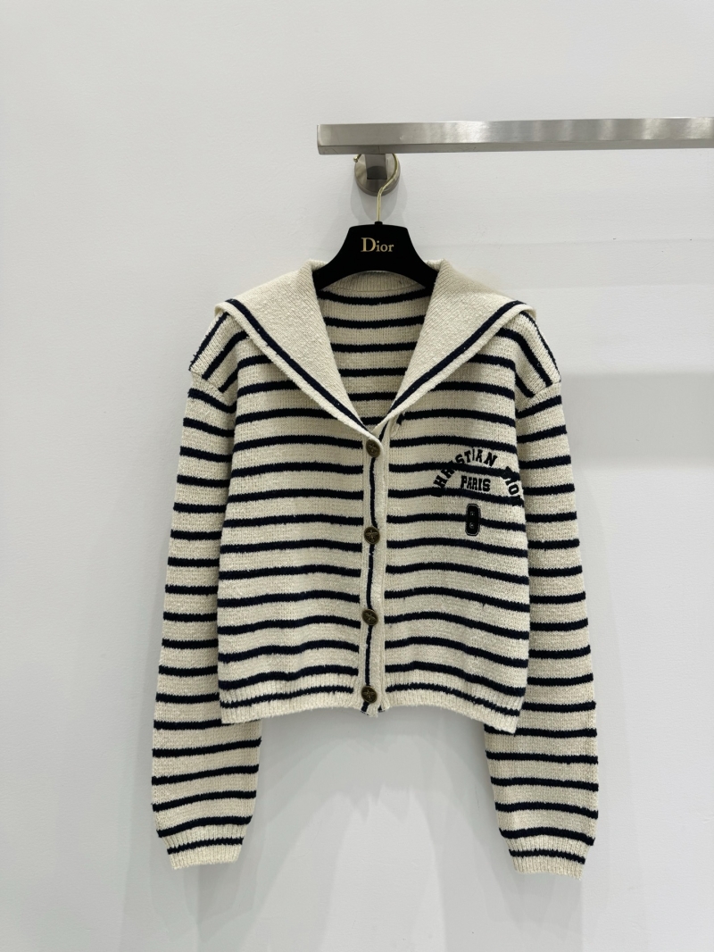Christian Dior Nautical Breton-Stripe Cropped Knit Cardigan in Cream and Navy Blue | Embroidered Logo, Sailor Collar, Luxury Wool Blend
