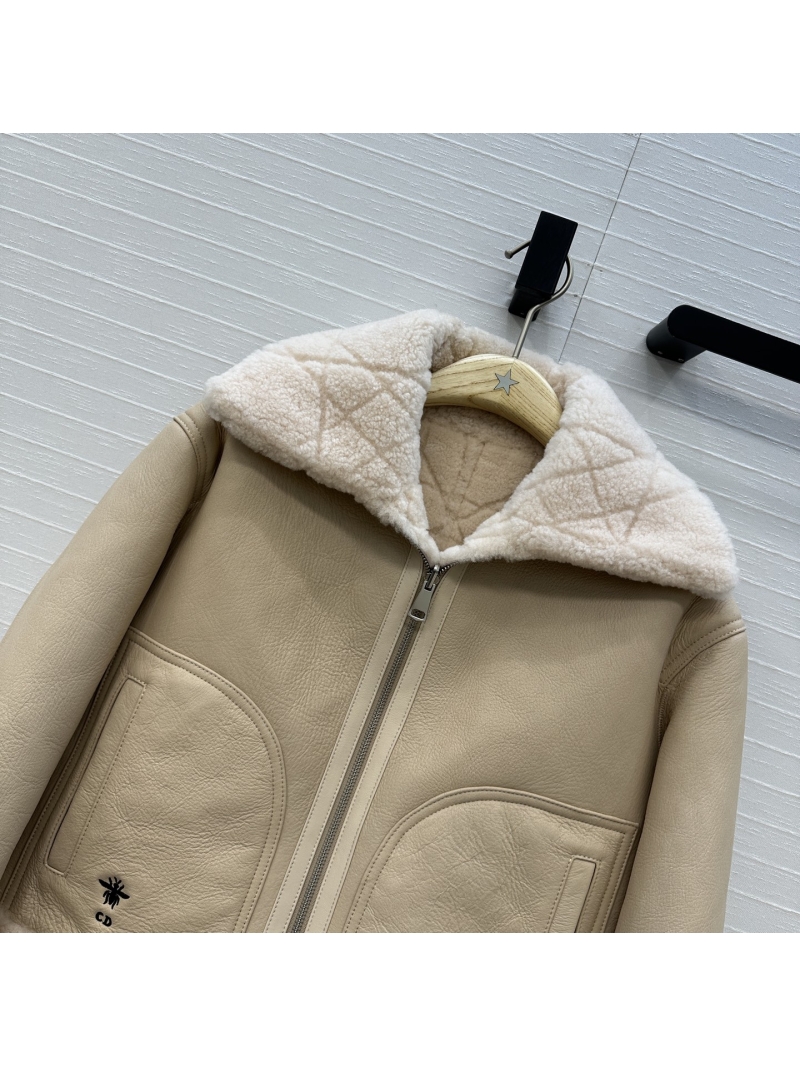 Dior 100% Imported Lambskin & Teddy Fleece Cashmere Reversible Shearling Jacket - Cannage Quilted, Hand-Embroidered CD Bee, H-Line - Camel
