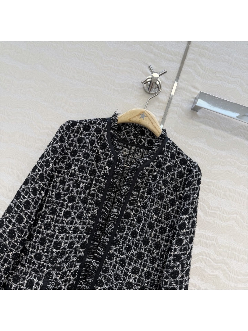 Dior Miss Dior Tweed Jacket with 100% Silk Lining, Rattan Lattice Pattern, Frayed Tassel Edging, Black and White
