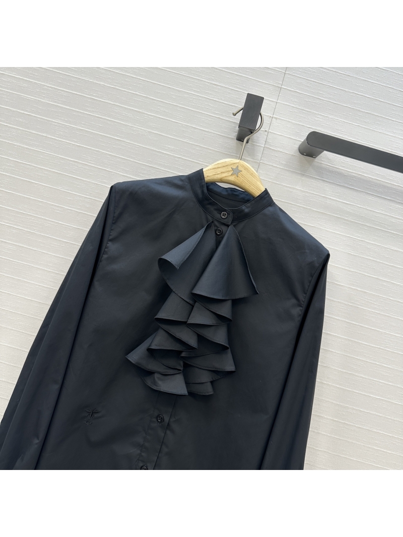 Dior Opulent Black Ruffled Stand-Collar Blouse with Tailored High-Low Hem