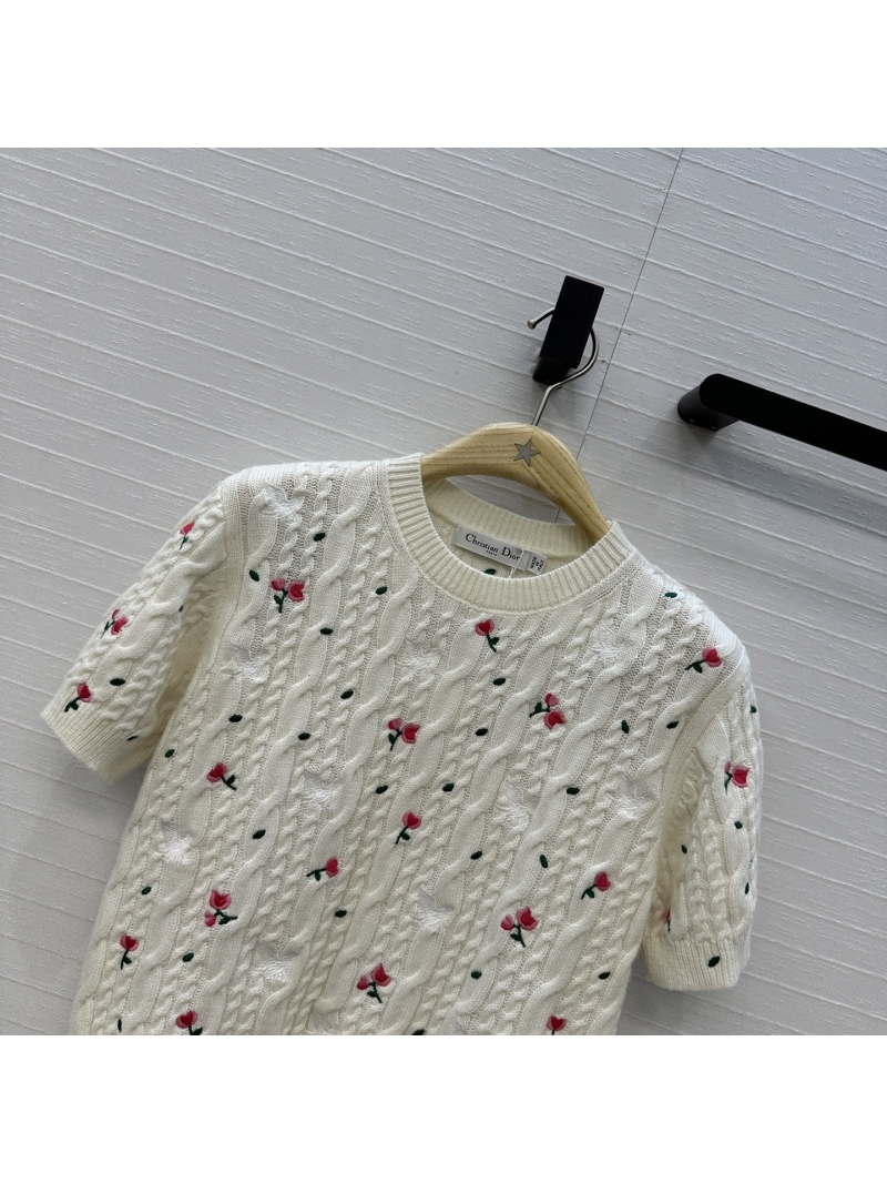 Dior Garden Embroidered Cable Knit Short-Sleeve Sweater in Cream