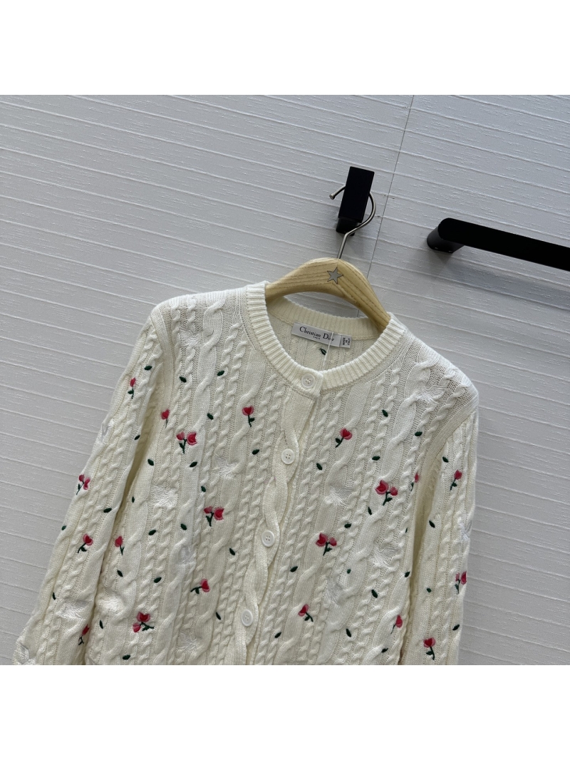 Dior Miss Dior Garden Embroidery Cable Knit Short Sleeve Cardigan in Ivory