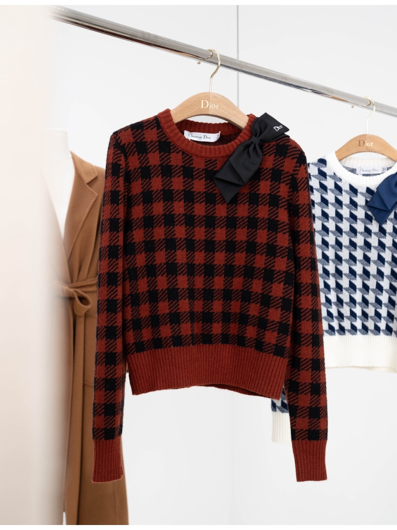 Christian Dior Houndstooth Check 100% Wool Knitted Sweater with 3D Bow - Rust Red/Black