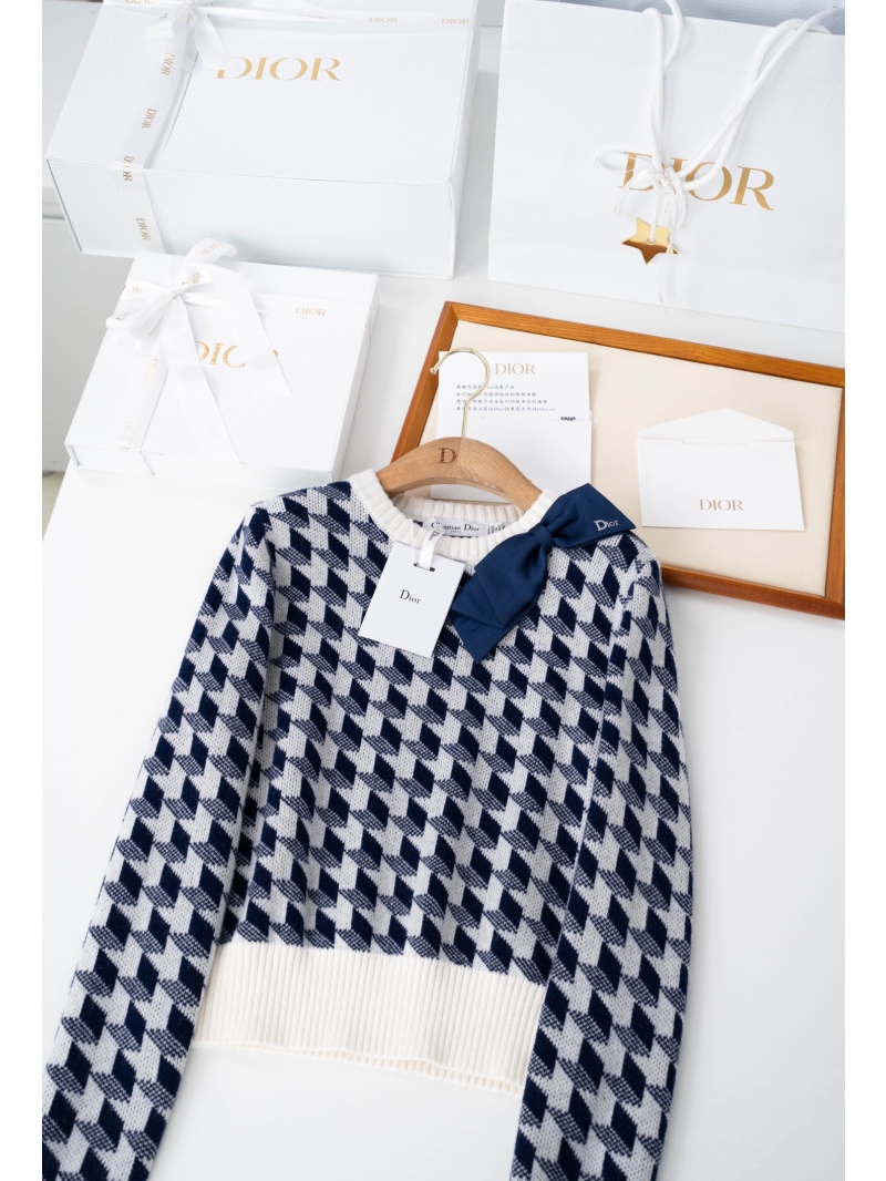 Christian Dior Houndstooth Wool Knitted Top with Signature Bow Accent - Navy Blue