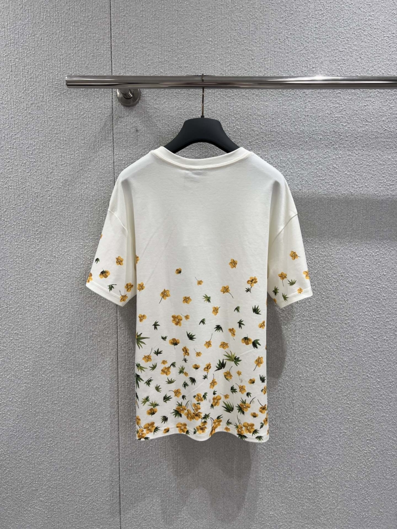 Dior Floral Print Combed Cotton Crew Neck T-Shirt in White and Yellow