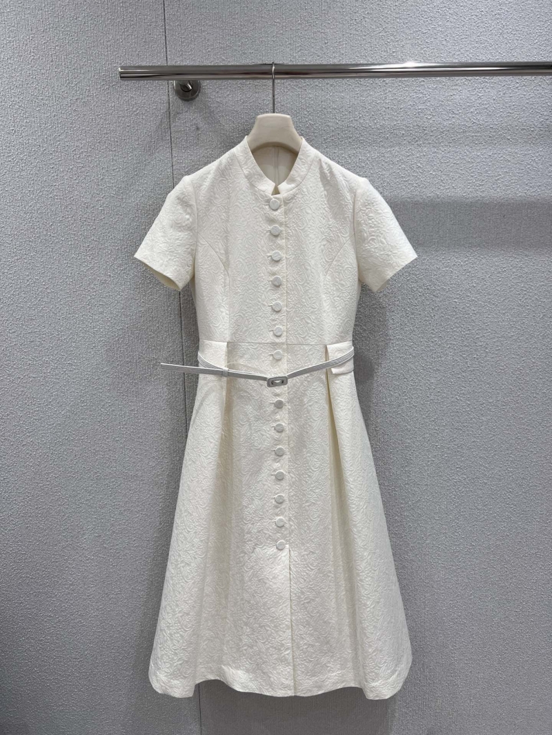 Dior 2025FW Embossed Jacquard Stand Collar Ivory Midi Dress
