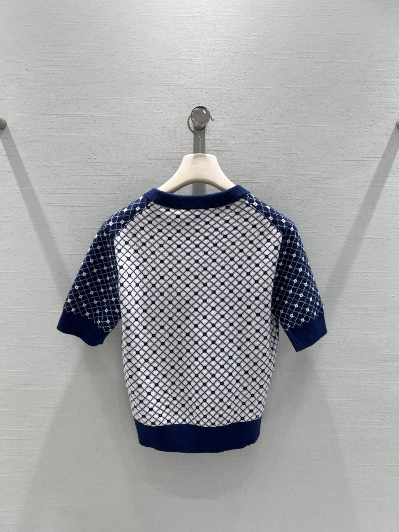 Christian Dior Argyle Jacquard V-Neck Knit Short-Sleeve Top in Navy Blue and White