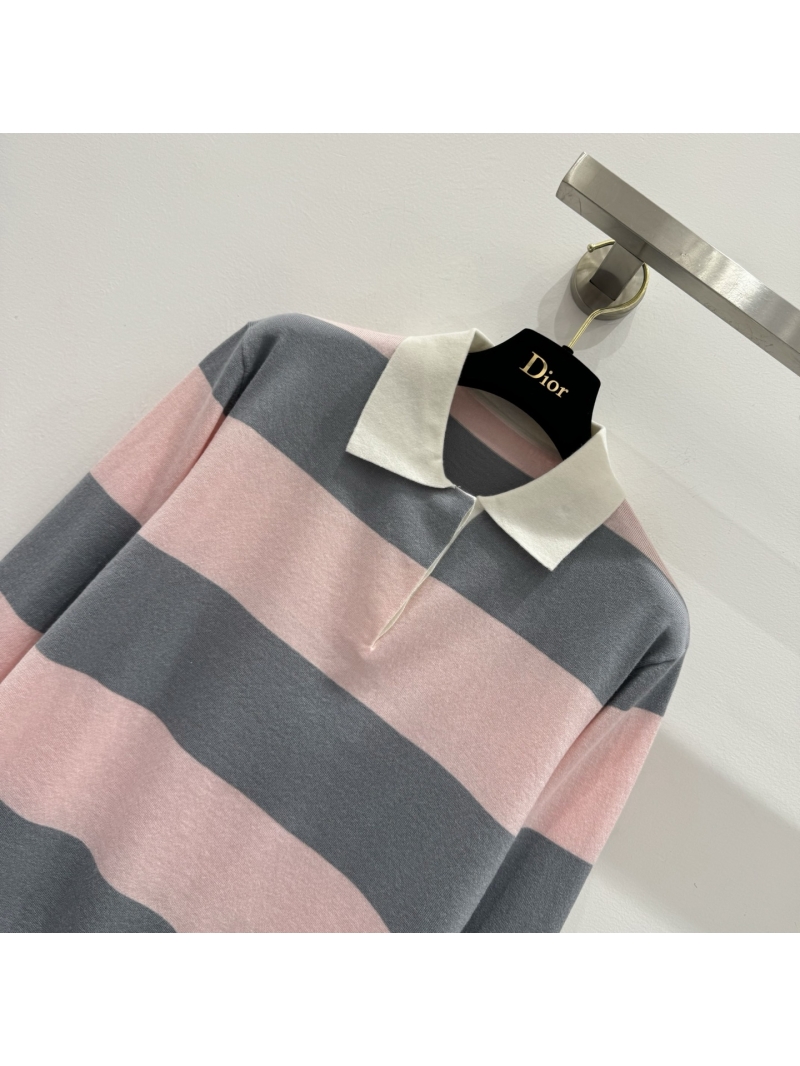 Dior Exquisite Pink & Gray Rugby Stripe Knitted Polo Sweater | Contrast Collar, Luxe Knitwear