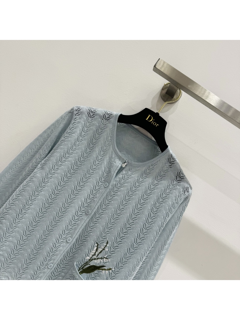 Dior Lily of the Valley Embroidered Pointelle Cardigan in Pale Blue – Exquisite Artisan Knit with Signature Pearl Detail