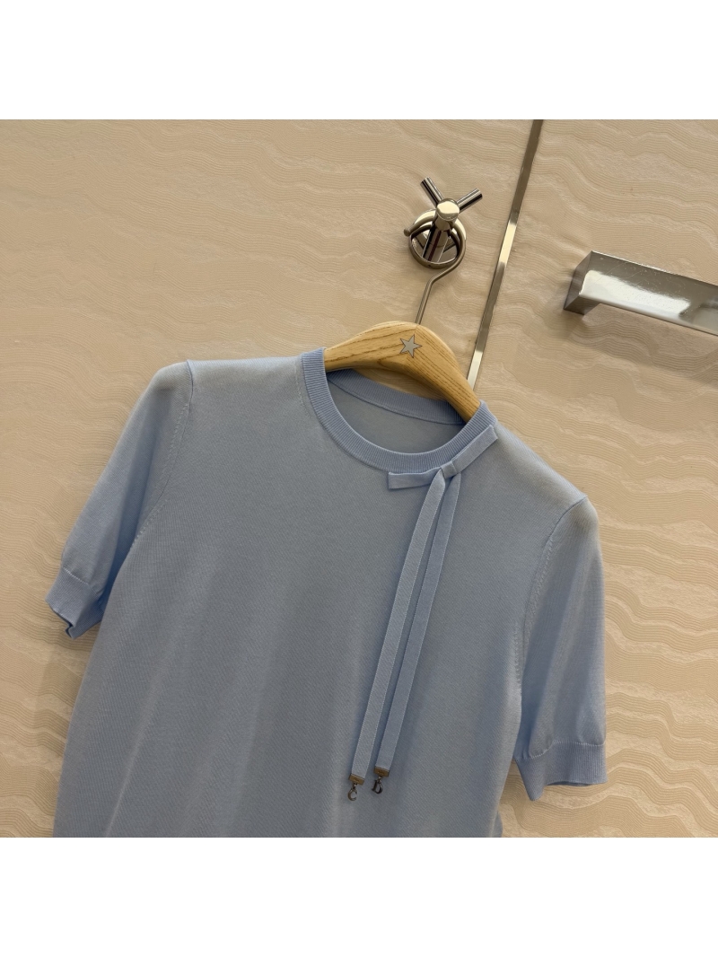 Dior Garden World Collection Mulberry Silk Bow-Tie Short-Sleeved Knit Sweater in Ice Blue