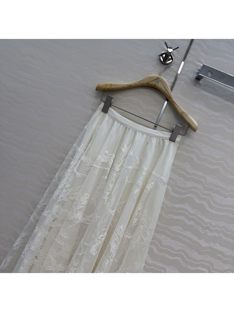 Dior Exquisite French Jacquard Lace 3D Embroidery A-Line Maxi Skirt in White