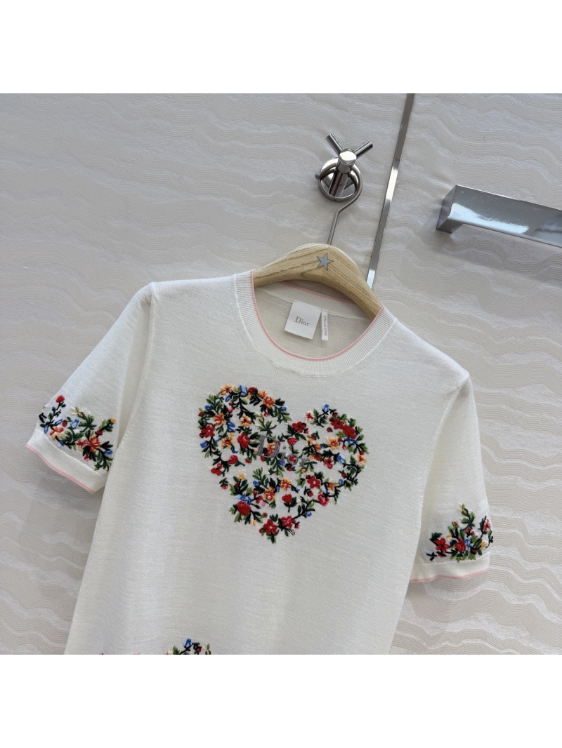 Dior Miss Dior Garden World Embroidered Wool Knit Short-Sleeve Sweater in Cream