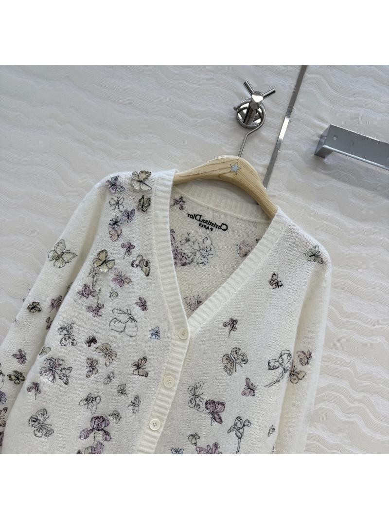 Dior Mulberry Silk and Mohair Blend 3D Butterfly Embroidery V-Neck Cardigan in Cream