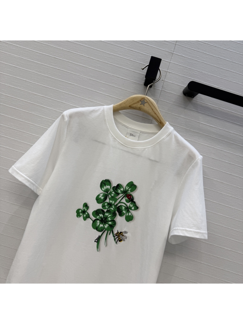 Dior Pure Cotton Four-Leaf Clover and Bee Embroidered T-Shirt in White
