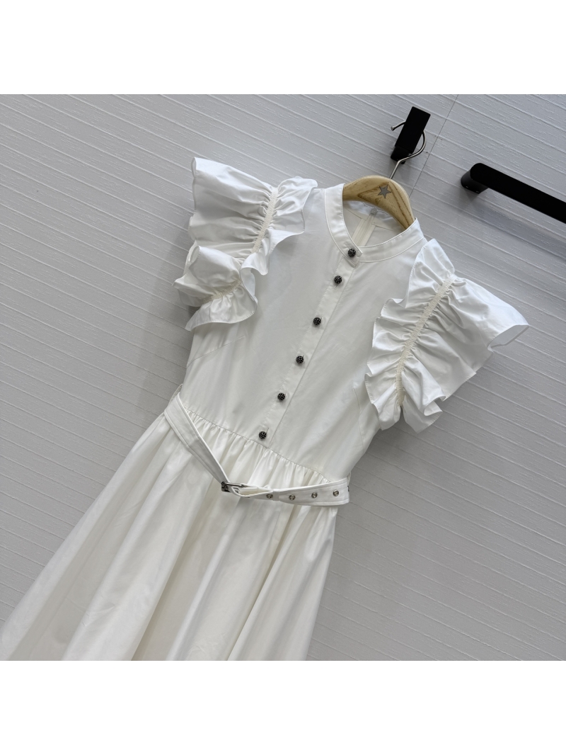 Dior Signature Pleated Ruffle Sleeve White Cotton-Blend Maxi Dress