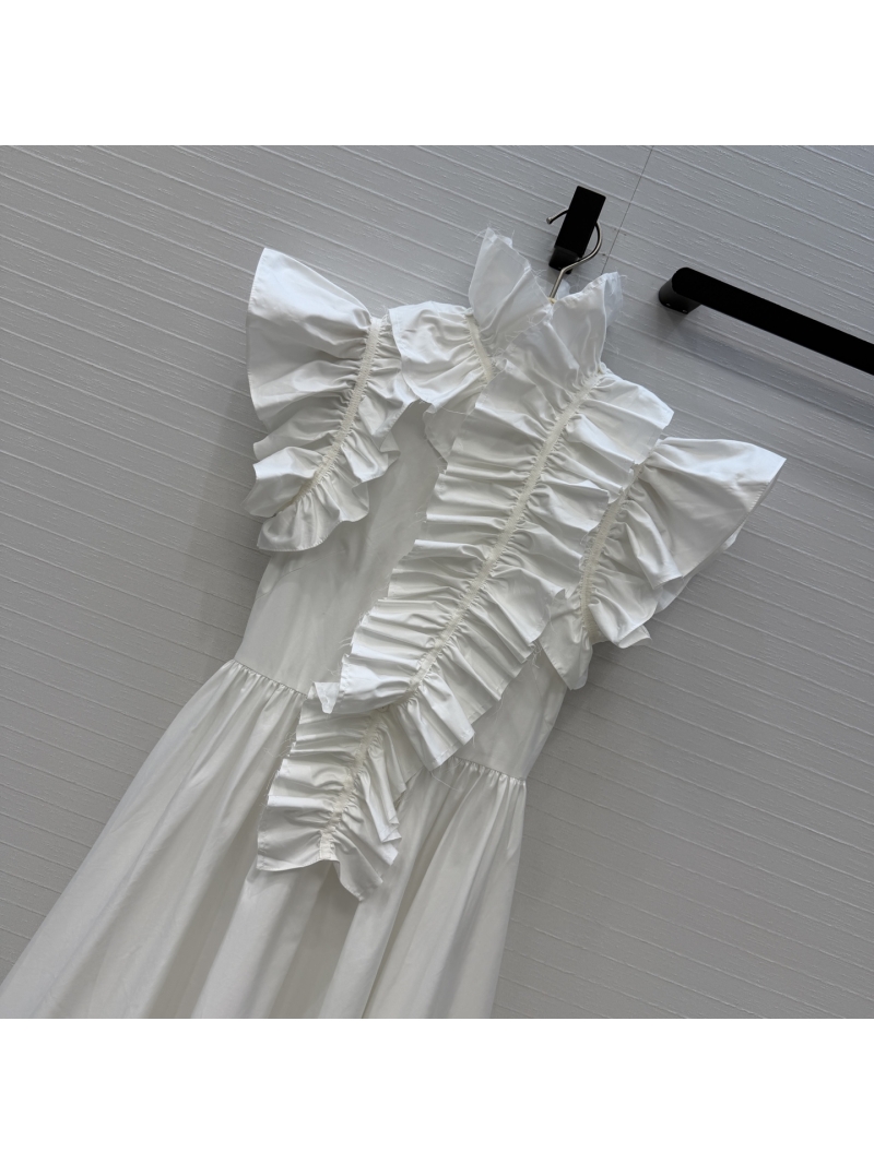 Dior Premium Cotton Poplin Ruffled Stand-Collar Vintage Maxi Dress in White
