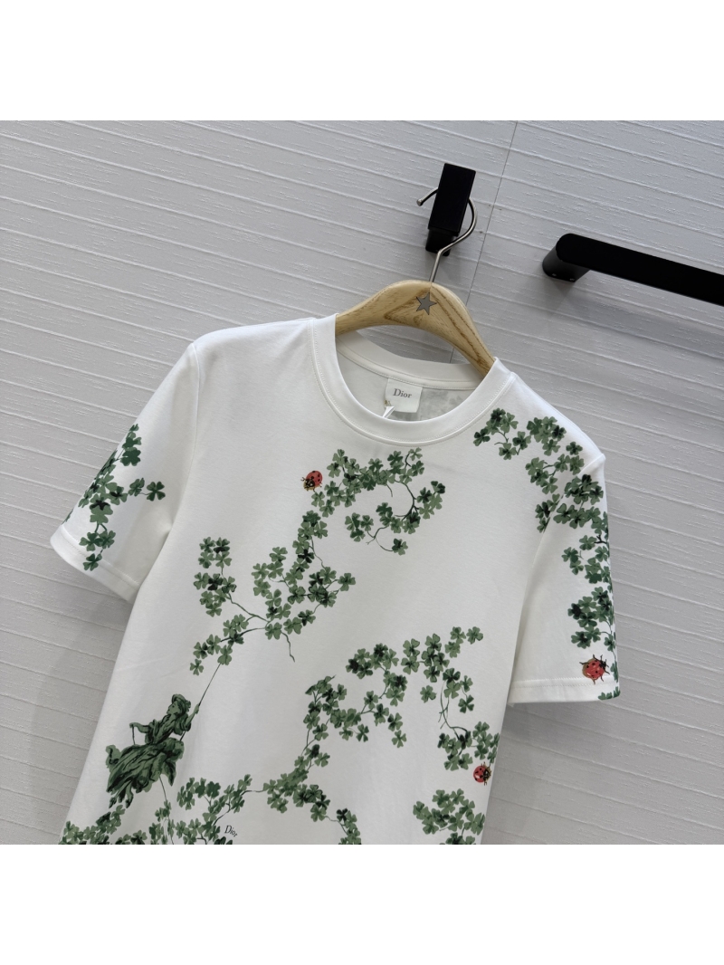 Dior 100% Pure Cotton Four-Leaf Clover and Ladybug Print T-Shirt in White