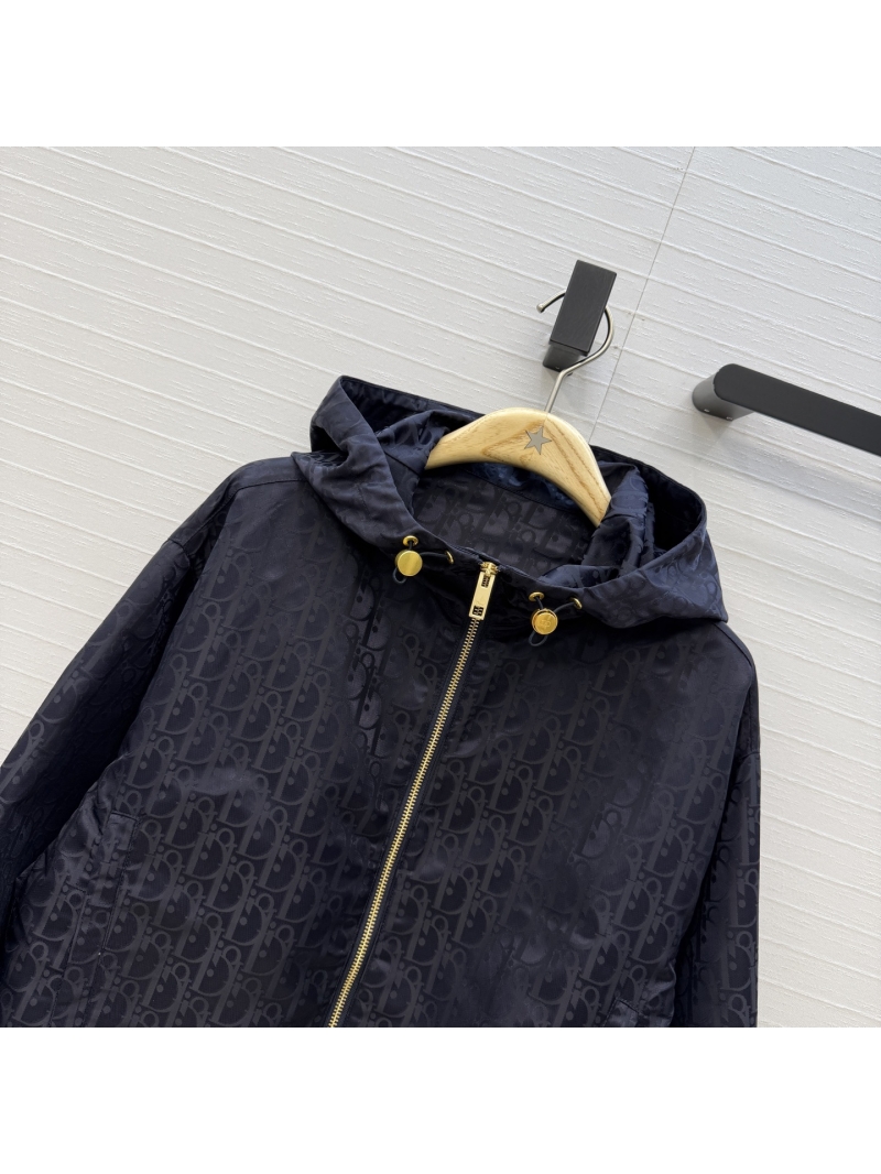 Dior Miss Dior Navy Blue Taffeta Jacquard Hooded Windbreaker Jacket