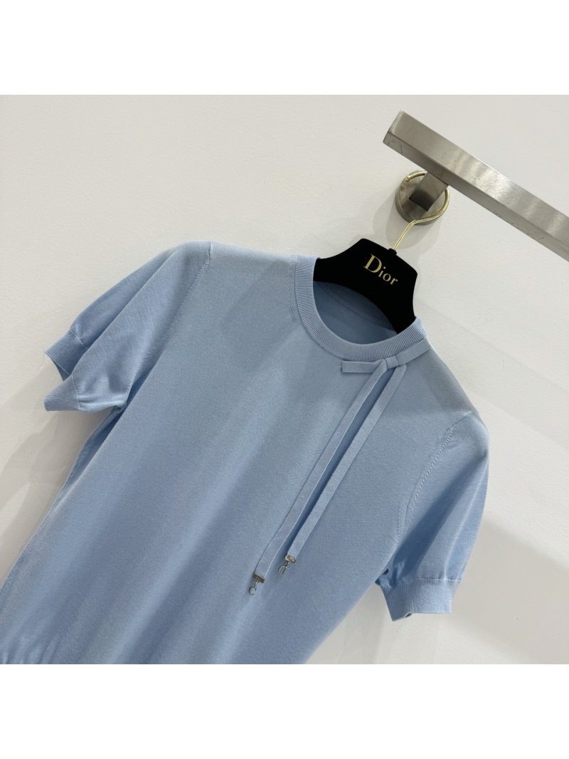 Dior Exquisite Mulberry Silk Knit Short-Sleeved Top in Powder Blue