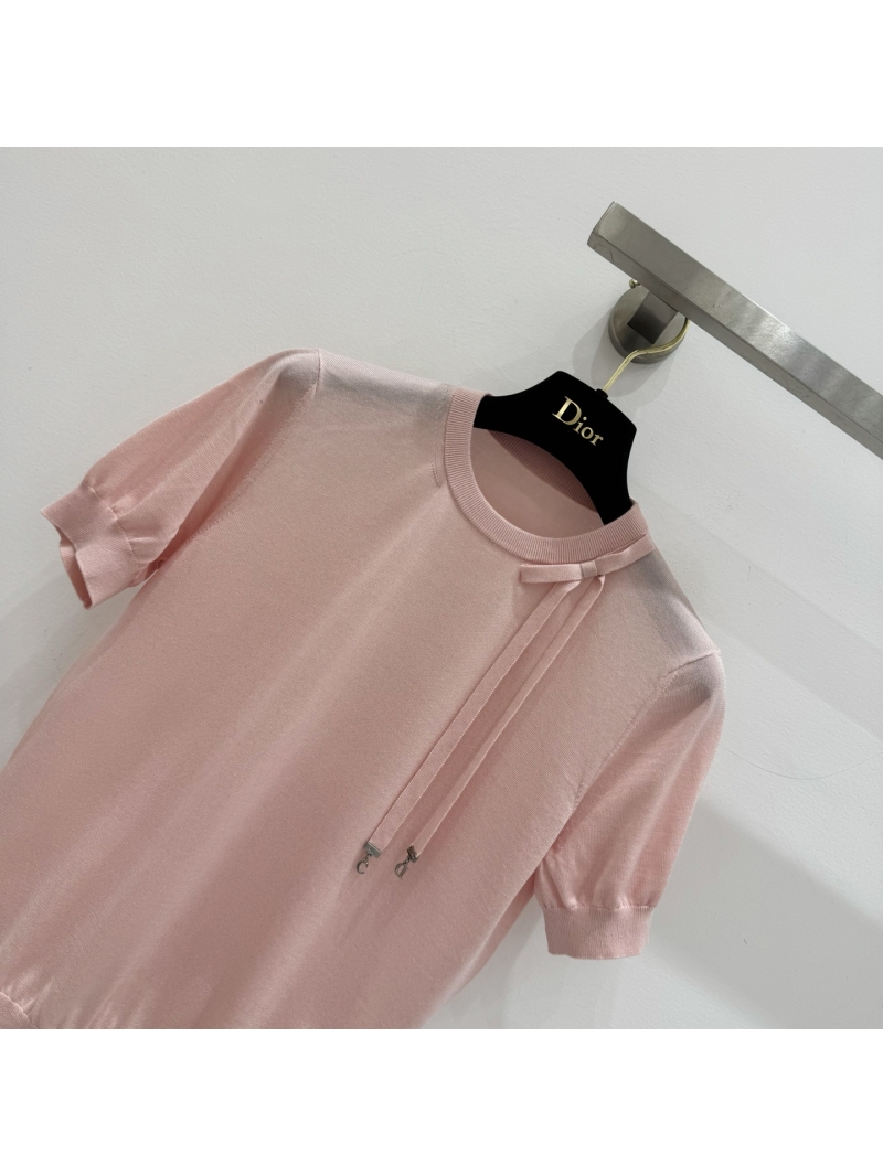 Dior Mulberry Silk Bow Short-Sleeve Knit Top in Pastel Pink