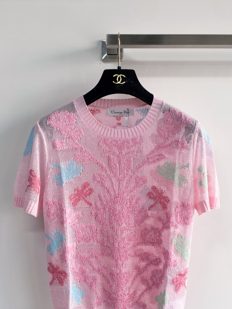 Christian Dior Pastel Pink Jacquard Floral Short-Sleeved Knit Top
