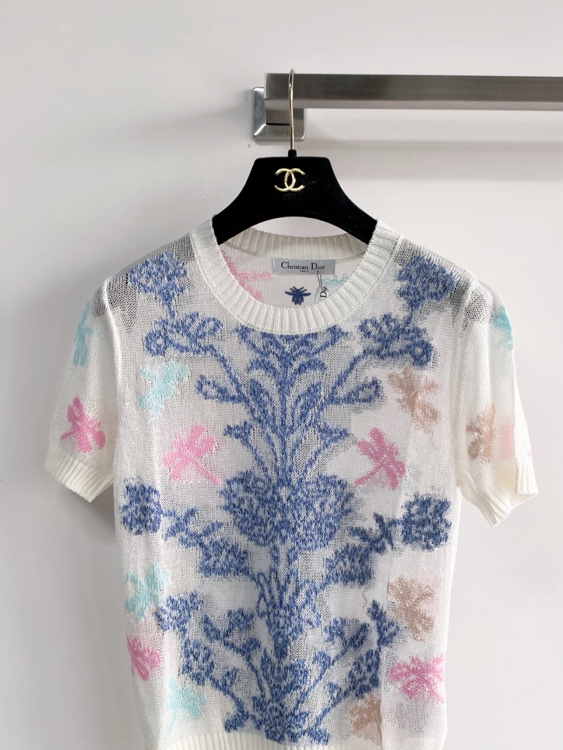 Christian Dior Ornamental Floral Damask Knit Short-Sleeve Top - White/Blue