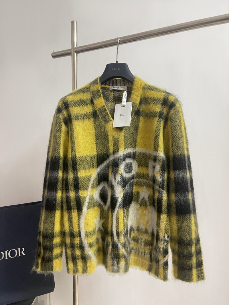 Dior Yellow and Black Checkndior Mohair Blend Oversized V-Neck Cardigan
