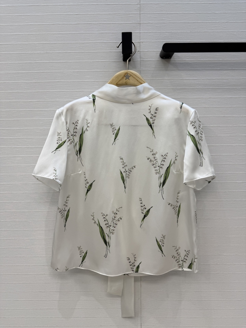 Dior Lily of the Valley Print 100% Silk Short-Sleeved Shirt with Back Ribbon Tie