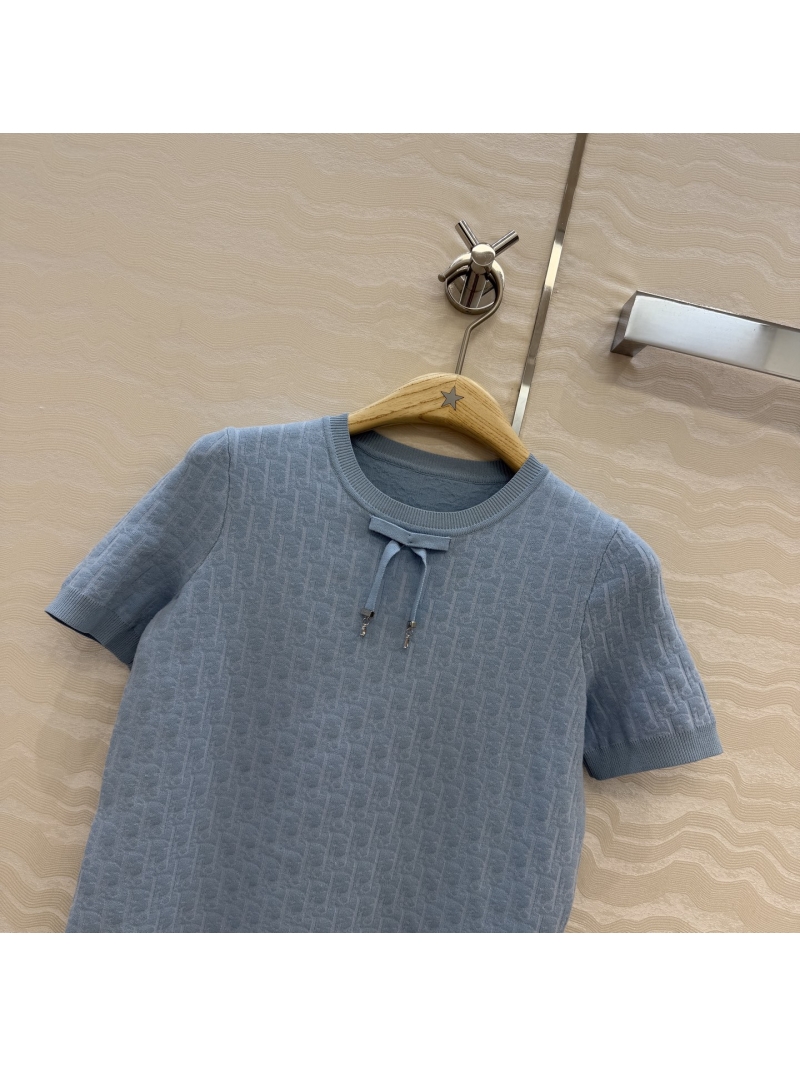 Dior High-Density Swiss Double-Knit Short-Sleeve Top in Dusty Blue