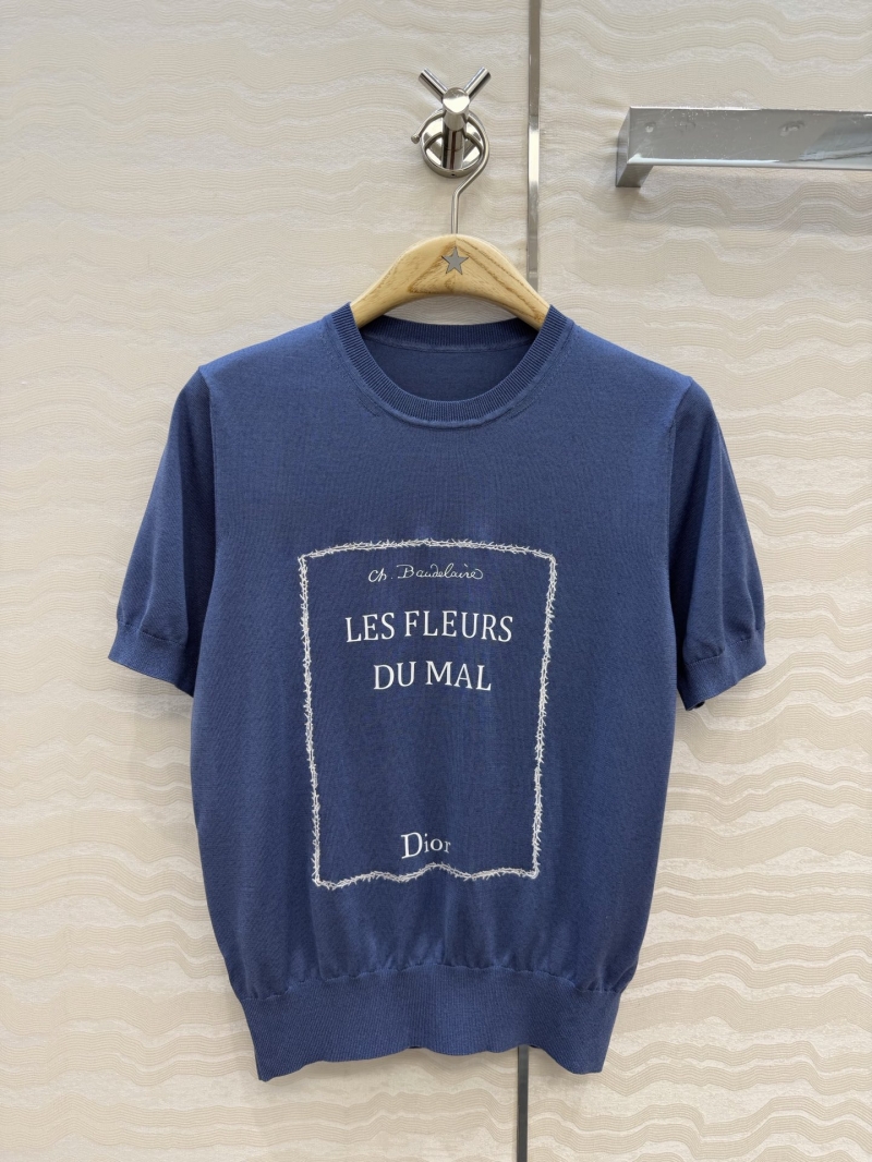 Dior Garden World Mulberry Silk Embroidered Knit Top in Dusty Blue