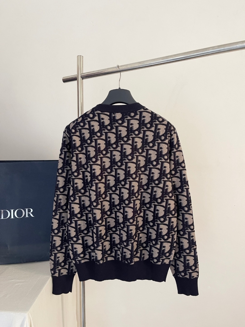 Dior Oblique Motif Jacquard Wool Crewneck Sweater in Navy Blue and Beige