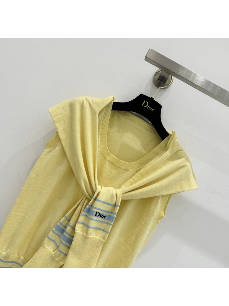 Dior Pale Yellow Cashmere and Silk Knitwear Set with Dusty Blue Stripes