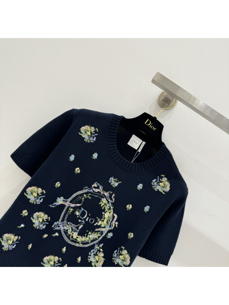 Dior Floral Embroidered Wool-Cashmere Short-Sleeved Sweater in Navy Blue