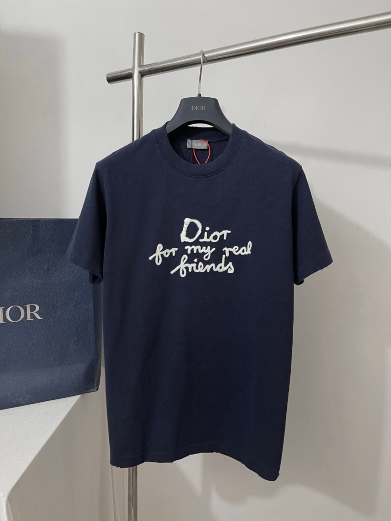 Dior Signature Towel Embroidery Distressed Navy Blue T-Shirt