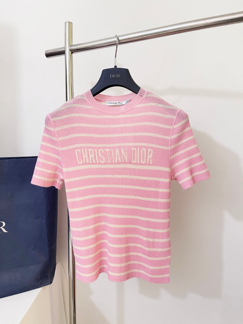 Christian Dior Striped Cotton-Linen Knit Short Sleeve Top - Pink and Off-White Ribbed Logo Tee
