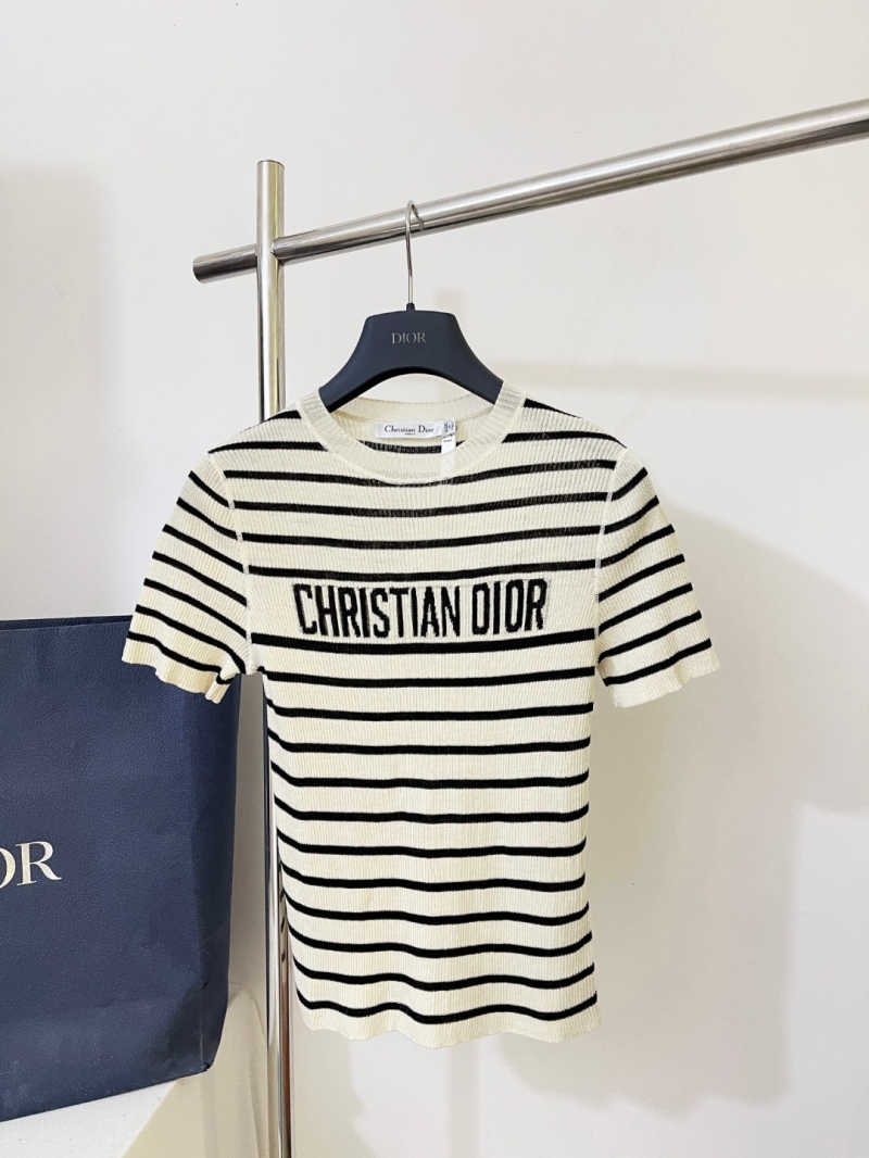 Christian Dior Striped Logo Silk-Linen Knit Top in Cream and Black