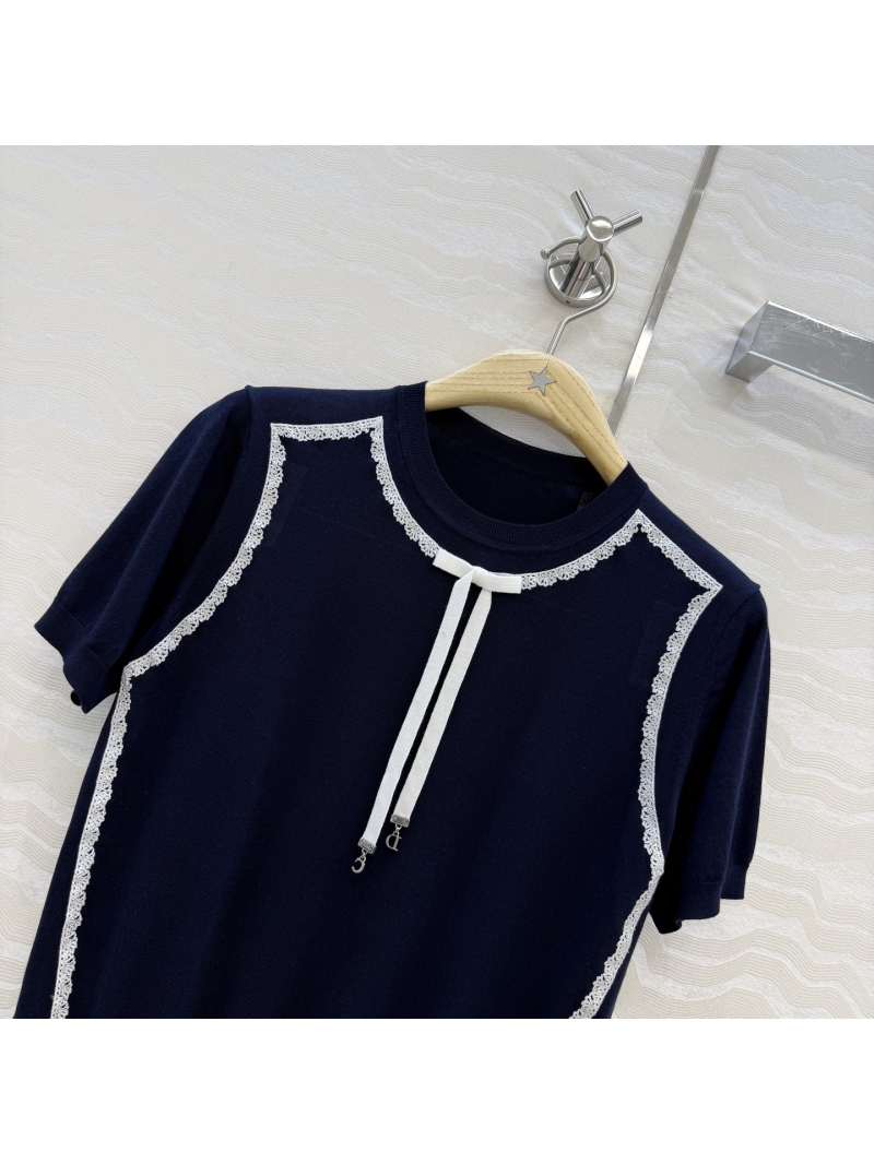 Dior Miss Dior Silk Knit Short-Sleeve Sweater with Ribbon Detail