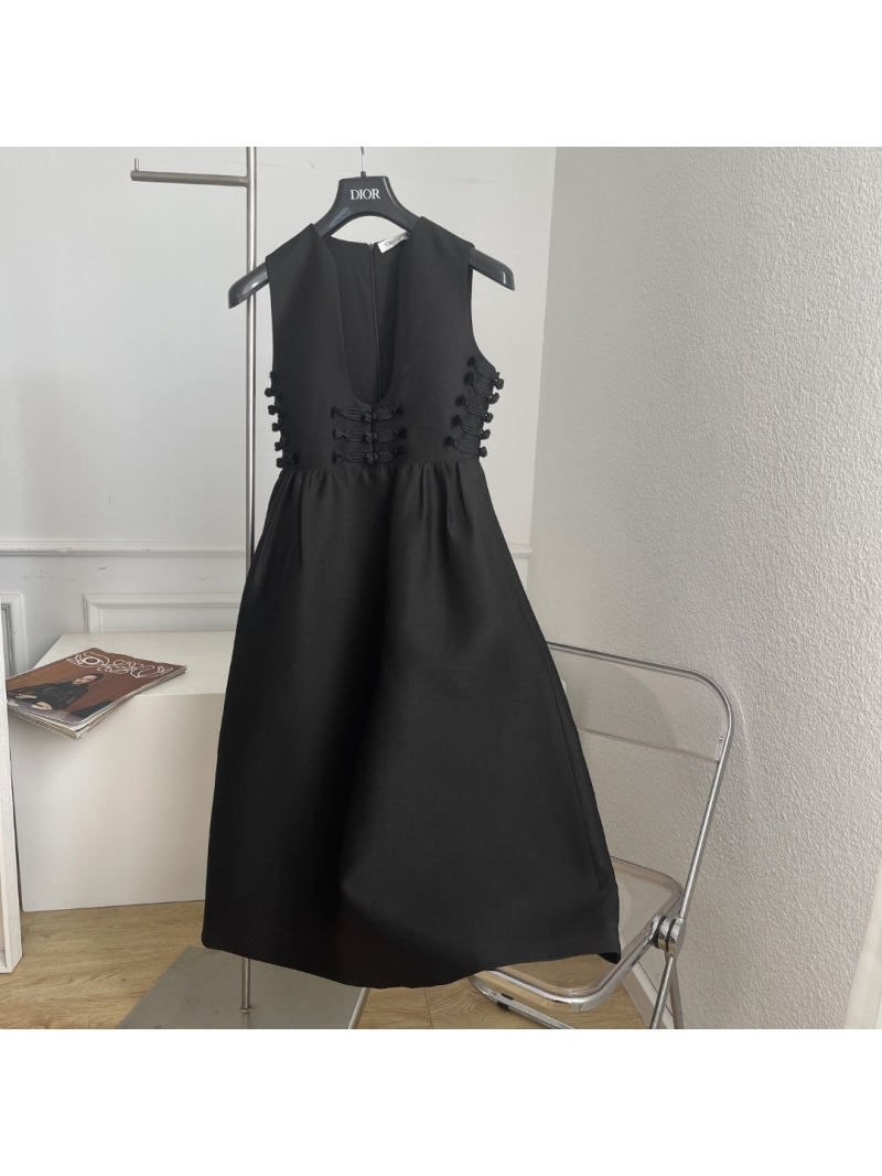 Dior Sleeveless Deep V-Neck Frogging Detail Midi Dress in Black