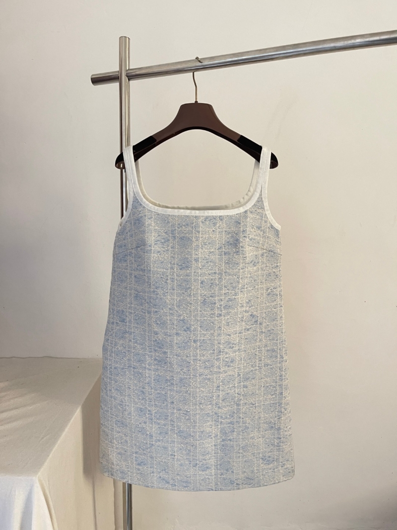 Dior Textured Woven Check Mini Dress in Light Blue and White
