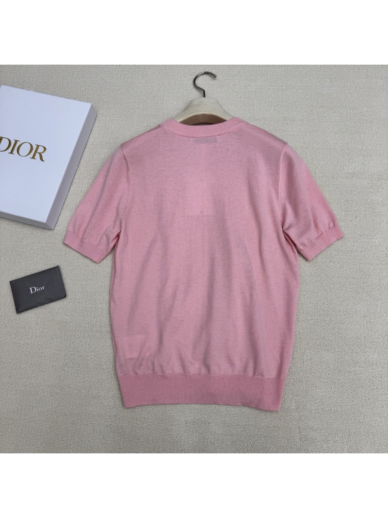 Dior Signature Embroidered Virgin Wool Knit Short-Sleeved Top in Pastel Pink