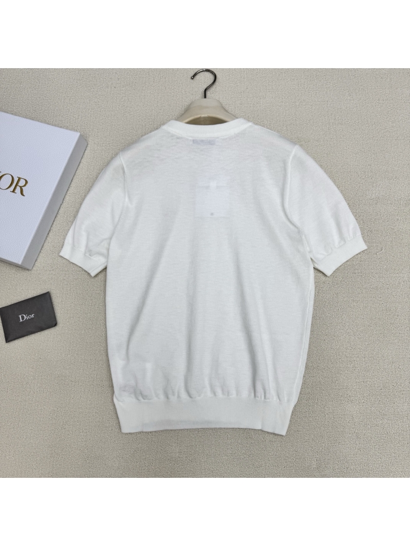 Christian Dior Virgin Wool Embroidered Knit Top in Off-White